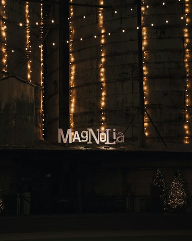 Magnolia Market silos lit up at night in Waco Texas